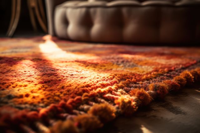 Warm sunlight cast on a textured, colorful rug. Ideal for showcasing cozy home decor, warm interiors, and sophisticated living spaces.