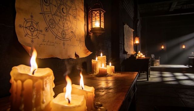 Burning ritual candles casting warm light on occult sigils in medieval stone chamber