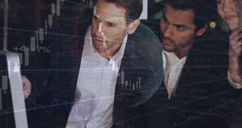 Financial Analysis Team Reviewing Data with World Map Overlay