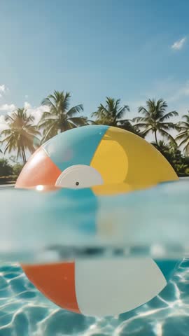 Beach Ball Rotating on Waterline in Pool Under Palm Trees Vertical Summer Vacation Clip
