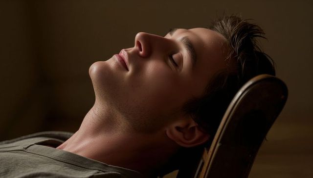 Young man reclining with eyes closed on wooden chair backrest, calm intimate profile portrait