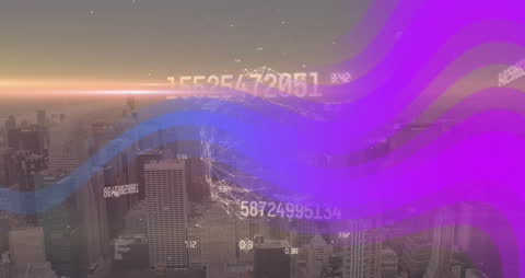 Digital Data Streams Overlaying Cityscape for Global Business