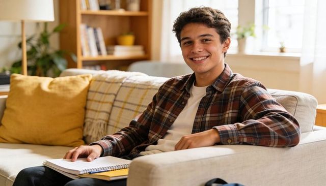 Smiling teen studying on gray sofa with notebooks in cozy sunlit living room