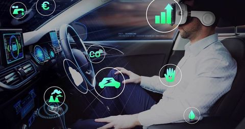Passenger using augmented reality cockpit with holographic interface and car infotainment