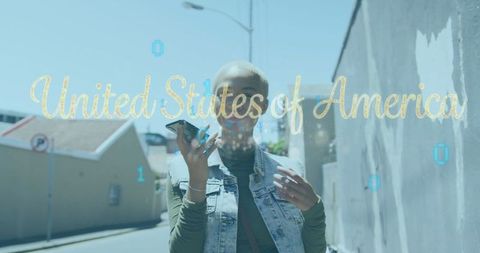 Woman Walking and Using Smartphone with Binary Overlay in Urban Setting