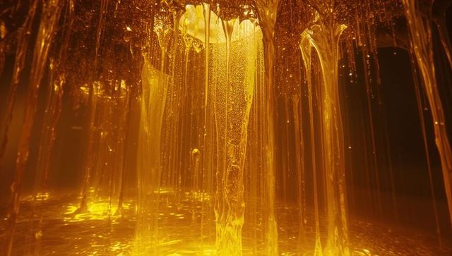 Golden liquid streams cascading with reflected light