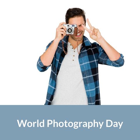 Cheerful Photographer Celebrating World Photography Day - Download Free Stock Templates Pikwizard.com