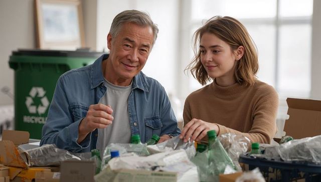 Intergenerational volunteers sorting recyclables at local recycling hub