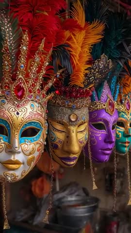 Vertical Panning Video Revealing Ornate Masquerade Masks with Feathers, Jewels, Gold Crowns