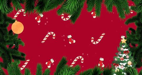 Festive pine border framing red holiday card background with candy canes and ornaments