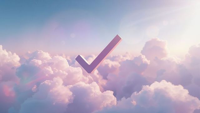 3d checkmark floating in dreamy pastel clouds with sunlight glow