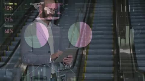 Businessman Using Tablet Analyzing Market Charts on Escalator