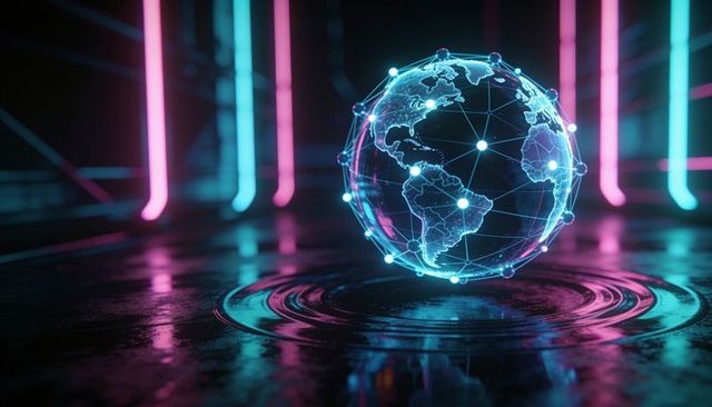 Hovering holographic globe with neon network lines on glossy tech platform, cyan magenta