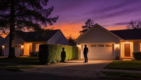 Silhouette man standing on suburban driveway at dusk with hedge shadow and porch lights