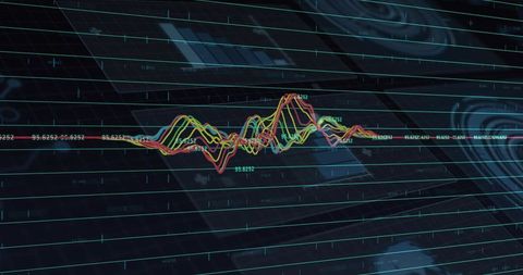 Futuristic Data Visualization with Teal Grid Interface and Waveform Lines