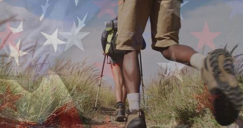 Hiking in Mountains Merged with American Flag Overlay