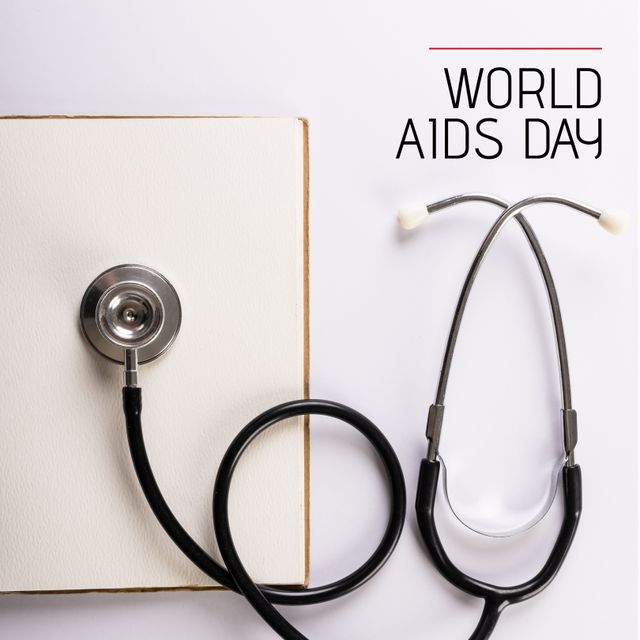 Composition of world aids day text over stethoscope. World aids day and celebration concept digitally generated image.