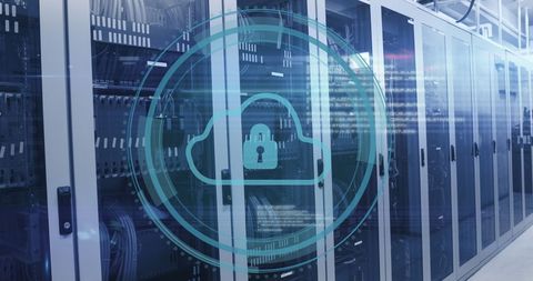 Secure data storage in modern server room with digital lock overlay