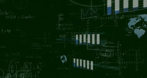 Complex equations and data visualizations on green digital display