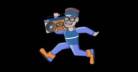 Running man holding retro boombox wearing blue tracksuit and orange boots vibrant urban energy