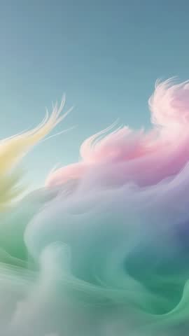 Vertical pastel clouds drifting across pale blue sky with ethereal tendrils in motion