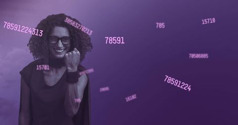 Woman Celebrating Under Floating Data in Purple Sky