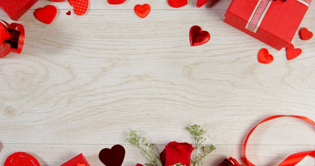 Red roses, gift boxes and heart shape of confetti on wooden surface. Valentines day concept 4k