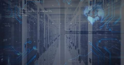 Futuristic data center with code overlay and digital globe