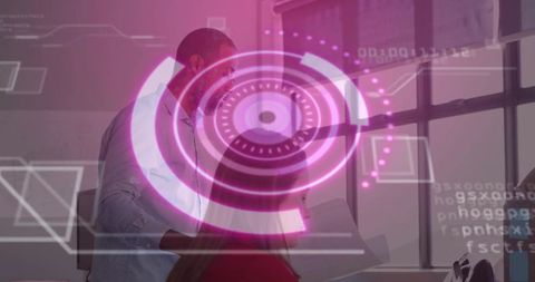 Business professional presenting data overlaid with futuristic graphics