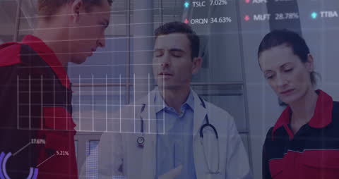 Medical Team Discussing Amidst Financial Data Overlay