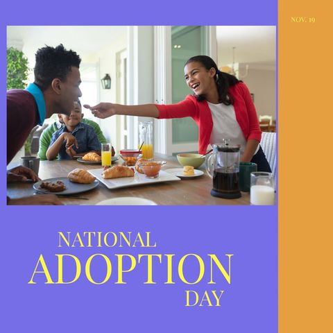 biracial family celebrating national adoption day at breakfast - Download Free Stock Templates Pikwizard.com