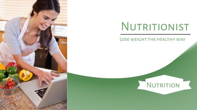 Smiling Woman Seeking Online Nutrition Advice with Healthy Food in Kitchen - Download Free Stock Templates Pikwizard.com