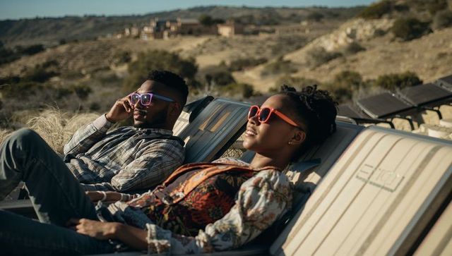 Couple relaxing on sun loungers at scenic bluff wearing vibrant sunglasses and smiling