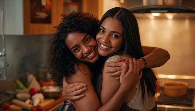 Two women hugging and smiling in cozy kitchen while preparing meal, warmth and friendship