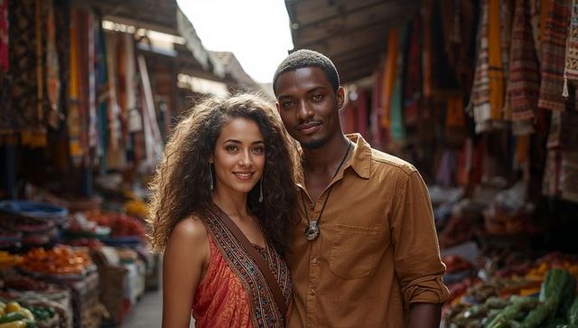 Young couple exploring colorful bazaar wearing bohemian clothing and jewelry