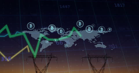 Cryptocurrency Growth Chart Over World Map with Bitcoin Symbols