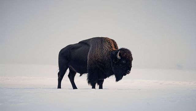 Solitary majestic american bison standing on snowy plain in winter light