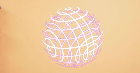 Floating pink-white wireframe globe, ribbon lattice on peach backdrop with purple accent