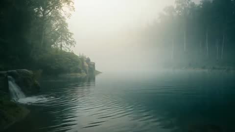 Enigmatic Mist Over Serene Forest Lake with Cascading Waterfall