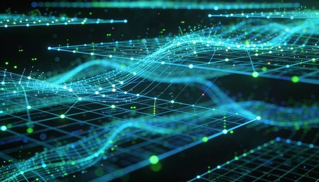Neon wireframe data waves visualizing network connectivity, ai analytics, and virtual grid