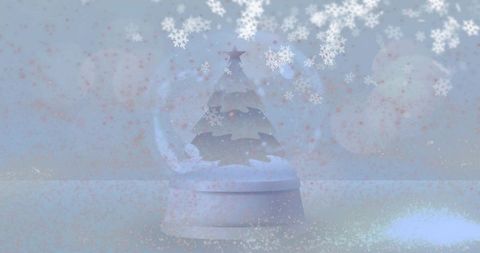 Frosted snow globe with tiered tree and star, floating snowflakes, pastel bokeh glow
