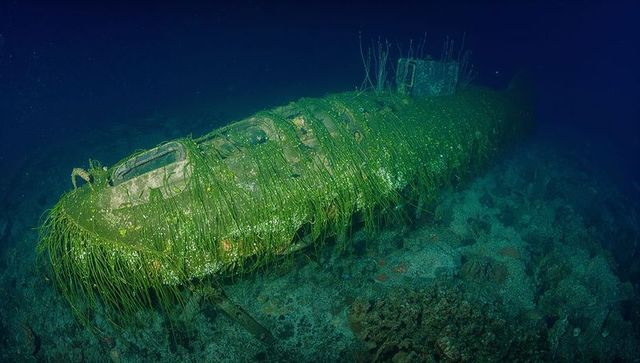 Resting Corroded Submarine Wreck Showing Seaweed Growth on Deep Seabed under ROV Light