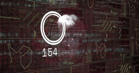 Futuristic digital interface with circular gauge and global map