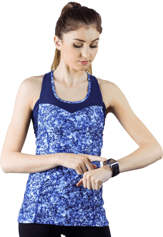 Fit woman in floral sportswear using smartwatch with transparent background