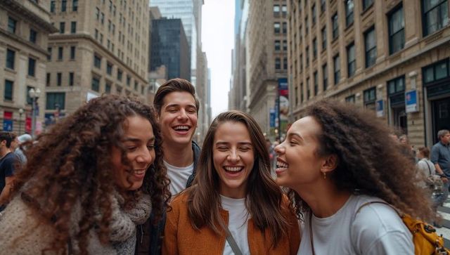 Laughing friends leaning together on city crosswalk, candid urban street lifestyle