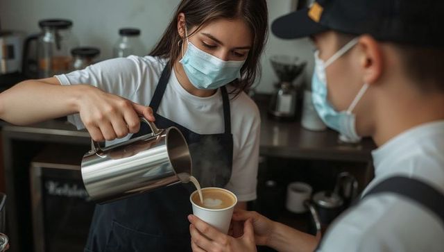 Masked barista pouring latte art into paper cup at cafe counter