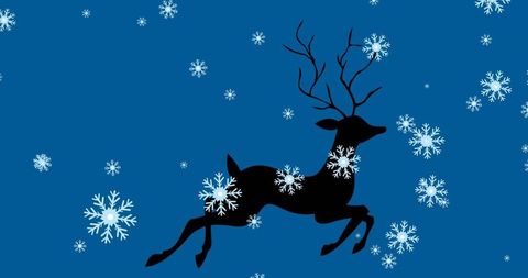 Festive Reindeer Silhouette on Snowflake-Adorned Blue Background