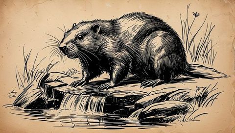 Intricate ink drawing of beaver by water on parchment