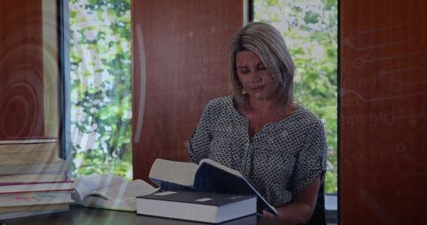 Woman reading and researching in quiet library with natural light and wood paneling