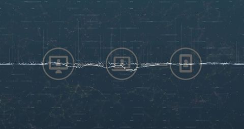 Abstract digital network visualizing waveform connecting desktop, laptop and mobile device icons